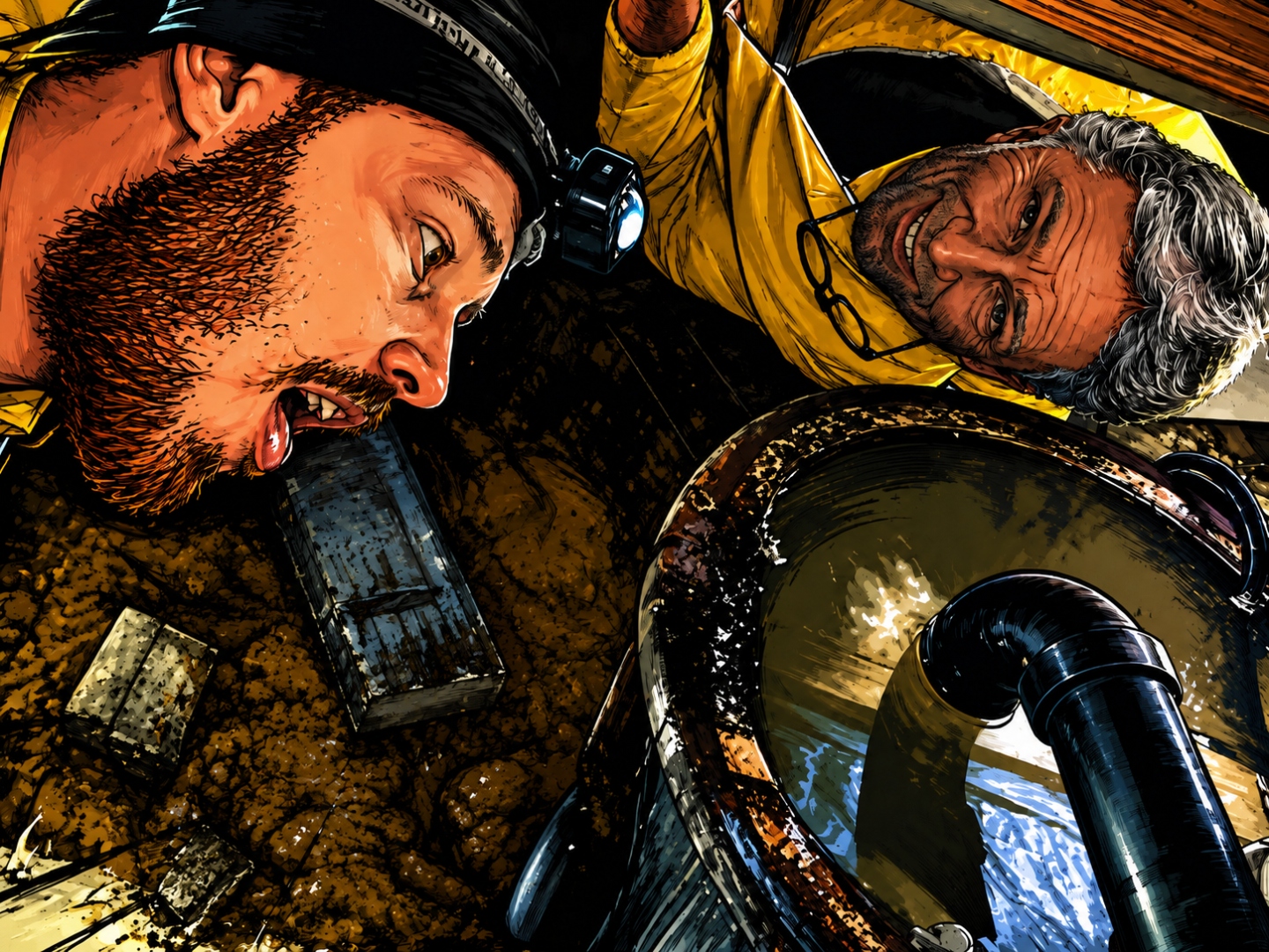 Mark and his father working together under a house in a crawlspace, fixing a sewer and drain problem